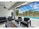 Covered patio features comfortable seating, a fire pit, and screened views of the pool at 3664 Frentress Dr, Lakeland, FL 33812