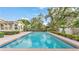 In-ground pool featuring brick trim and lush landscaping with a clear blue sky reflecting in the water at 1421 Camphor Dr, Lakeland, FL 33803