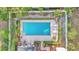 Aerial view showcases a private pool, complemented by well-kept hedges, brick work, and lounge chairs at 1421 Camphor Dr, Lakeland, FL 33803