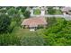 Aerial view of the backyard with a fenced in lawn area, surrounded by mature trees, offering privacy at 1519 Blue Sky Blvd, Haines City, FL 33844