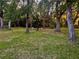 This backyard offers a large grassy area with string lighting hanging from mature trees and a fire pit at 5619 Antler Trl, Lakeland, FL 33811