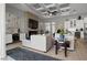 Open-concept living room showcasing a stone fireplace, coffered ceiling, and modern design at 6777 Bentridge Dr, Lakeland, FL 33813