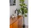 Stylish wooden cabinet with decorative items and a lush green plant adding warmth to the living space at 733 Carpenters Way # 36, Lakeland, FL 33809