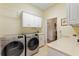 The well-equipped laundry room showcases a modern washer and dryer, cabinets, and a utility sink at 1056 Rally Dr, Polk City, FL 33868