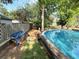Backyard view of an above ground pool with artificial grass in the foreground at 135 E Columbia St, Lake Alfred, FL 33850