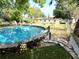 Backyard view of an above ground pool with stone steps and artificial grass in the foreground at 135 E Columbia St, Lake Alfred, FL 33850