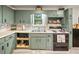 Kitchen features olive green cabinets, a window over the sink and subway tile backsplash at 209 W Crescent Dr, Lakeland, FL 33805