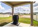 Covered patio overlooking a well-maintained backyard with lush green grass and neighboring houses at 297 Spirit Landings Cir, Winter Haven, FL 33880