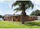 Back exterior of the home featuring a well-maintained lawn, palm trees, brick accents, and a covered porch at 1208 W Lake Buckeye Dr, Winter Haven, FL 33881