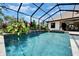 Sparkling pool with water feature surrounded by lush landscaping, enclosed within a screened-in lanai at 2662 Delphi Hills Ct, Lakeland, FL 33812