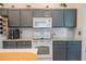 Well-equipped kitchen featuring gray cabinets, granite countertops, a white subway tile backsplash, and modern appliances at 3873 Hampton Hills Dr, Lakeland, FL 33810