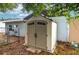 A outdoor shed in backyard, with a double door and adjacent fencing at 409 San Jose Dr, Winter Haven, FL 33884