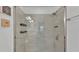 Modern tiled shower with glass doors, rainfall showerhead, and built-in shelving for toiletries at 4582 Penkert Pl, Lakeland, FL 33811