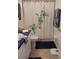 Clean bathroom with patterned shower curtain, dark rug, and blue countertop at 455 Eagle Dr, Kissimmee, FL 34759