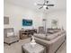 Comfortable living room with vaulted ceilings, a ceiling fan, neutral paint, and a faux fireplace at 5393 Se 129Th Ln, Belleview, FL 34420
