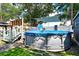 This backyard features an above ground pool with deck access and a lush green lawn at 1648 Skinner St, Lakeland, FL 33801