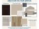 A collection of color swatches depicting the exterior color scheme, cabinets, flooring, wall tile and countertops at 1814 Daystar Dr, Haines City, FL 33844