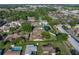An aerial view shows a townhome complex featuring mature trees, a pond, and a pool at 2025 Sylvester Rd # P4, Lakeland, FL 33803