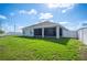 Screened lanai and backyard with lush lawn and full fence provide privacy and space for outdoor living at 3883 Sandhill Crane Dr, Lakeland, FL 33811