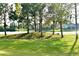 Scenic view of a pond with a grassy island and trees, showcasing the natural beauty of the community at 6527 Eagle Ridge Way, Lakeland, FL 33813