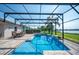 Sparkling screened-in pool with waterfall feature and lakeside views at 7016 Summit Cir, Winter Haven, FL 33884