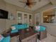 Outdoor patio with cozy seating, including sofa, chairs, and a fire table at 148 Melissa Trl, Auburndale, FL 33823