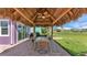 Enjoy outdoor dining under the Tiki hut with a ceiling fan, set in a serene backyard oasis at 3052 Wood Duck Dr, Polk City, FL 33868