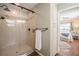 Modern shower with glass enclosure and dark hardware, with bedroom views at 4006 Glen Garry W Rd, Lakeland, FL 33813