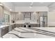 Bright kitchen with stainless steel appliances, gray cabinets and a center island with marble countertop at 4642 Highlands Place Dr, Lakeland, FL 33813