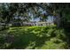 Backyard view featuring lush greenery, a well-maintained lawn, and lake views beyond the tree line at 5026 N Socrum Loop Rd, Lakeland, FL 33809