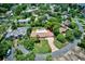 Aerial view of home with inviting driveway, lush landscaping and large backyard pool and patio at 1235 Lake Point Dr, Lakeland, FL 33813