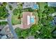 Aerial view of a backyard featuring a pool and lush landscaping at 1235 Lake Point Dr, Lakeland, FL 33813