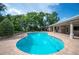 Inviting backyard pool with brick patio, outdoor kitchen, pergola, and lush landscaping offers a private oasis at 1235 Lake Point Dr, Lakeland, FL 33813