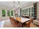 Bright dining room with chandelier lighting, plantation shutters, and French door access to the yard at 1825 Pawnee Trl, Lakeland, FL 33803