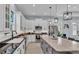 Bright kitchen features white cabinets, stainless steel appliances, black countertops and large center island with gray cabinets at 3287 Red Tail Hawk Dr, Polk City, FL 33868