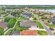 Aerial view showcasing houses with backyard pool and mature trees at 3121 Highlands By The Lake Way, Lakeland, FL 33812