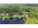 Aerial view of a serene lakeside estate with multiple docks surrounded by a dense forest canopy at 6281 Halabrin Rd, Haines City, FL 33844