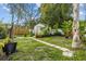 Spacious backyard with storage shed, stepping stone walkway and tropical foliage at 1927 E Main St, Lakeland, FL 33801