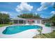 Backyard features a spacious pool, screened lanai, outdoor seating and well-kept landscaping at 5619 Stratford Ln, Lakeland, FL 33813