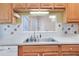 Detailed view of a double sink with a window, surrounded by light wood cabinets and unique tiled backsplash at 5857 Macaw Pl, Lakeland, FL 33809
