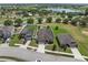 Aerial view of homes showcasing well-maintained yards and proximity to a lake at 647 Chicago Way, Dundee, FL 33838