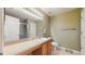 Neutral bathroom features a large mirror, wooden cabinets and tub with shower at 7337 Hunters Greene Cir, Lakeland, FL 33810