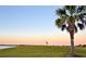 Backyard view of a lush green lawn with a palm tree against a scenic sunset backdrop at 4188 Muirfield Loop, Lake Wales, FL 33859