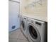 Bright laundry room features washer, dryer, and storage, conveniently located near a door with pet access at 2714 Highlands Vue Pkwy, Lakeland, FL 33813