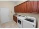 Well-organized laundry room with modern appliances, wooden cabinets, sink, and a door to outside at 6217 Ashley Dr, Lakeland, FL 33813