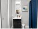 Bathroom features a modern sink, blue shower curtain, framed seashell art, and white trashcan at 544 Avenue G Se, Winter Haven, FL 33880