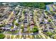 Overhead shot of a quiet neighborhood with tree-lined streets and well-kept homes near a tranquil lake at 8818 Tottenham Way, Kissimmee, FL 34747