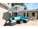 Relaxing outdoor patio featuring comfortable seating under a striped umbrella, perfect for entertaining at 6421 Calusa Dr, Lakeland, FL 33813