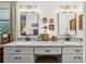 Bright bathroom with dual granite sinks, shiplap walls, decorative mirrors, and gold light fixtures at 1210 Heidi S Ln, Lakeland, FL 33813
