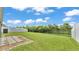 Fenced backyard featuring lush lawn, mature landscaping, and stepping stones at 4143 Red Fern Ln, Lakeland, FL 33811